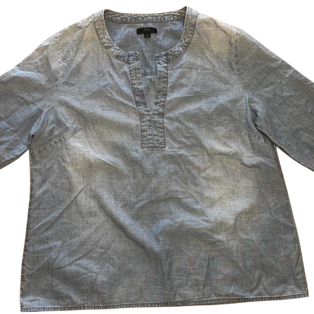 J.Crew Womens Light Blue Cotton Chambray Split Neck 3/4 Sleeve Tunic Top Size L